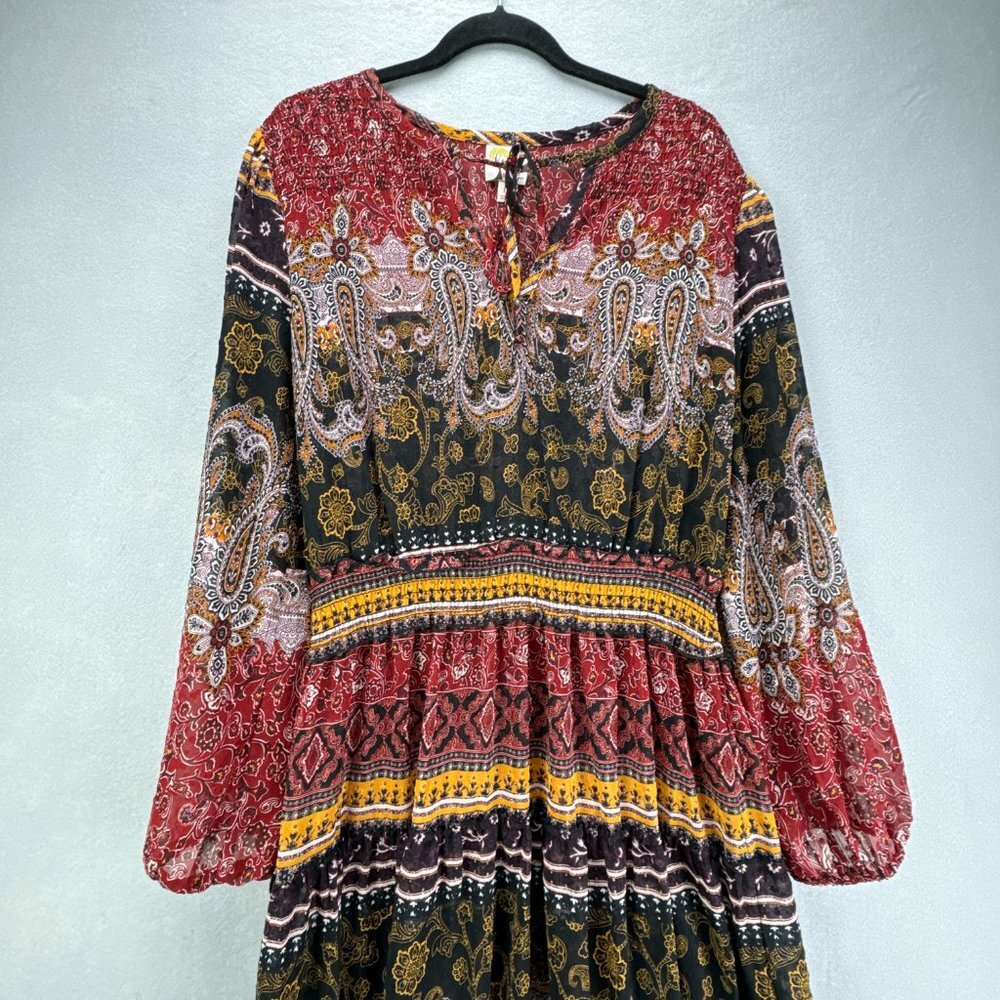 Fig & Flower Dress Womens Large Red Black Pullover Paisley Boho Shirring Tiered - Picture 2 of 15